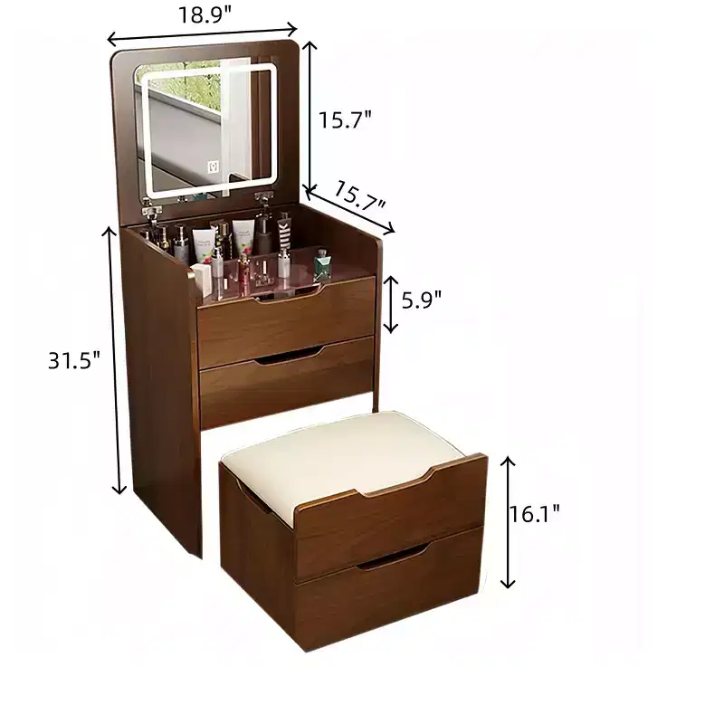 Coiffeuse avec miroir rabattable, petite coiffeuse avec plateau en verre visible, coiffeuse compacte avec 3 tiroirs Noyer