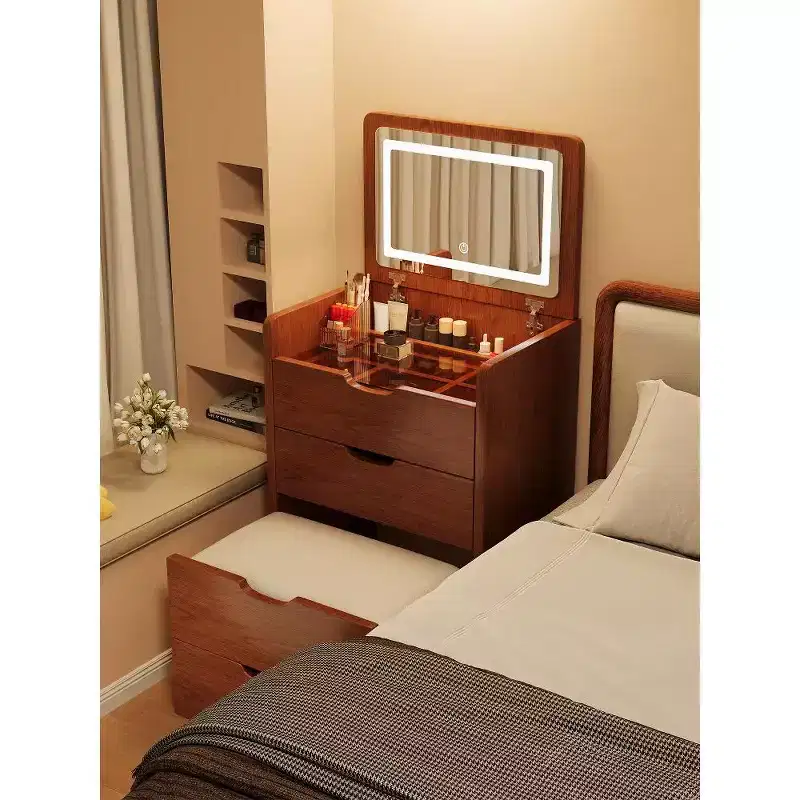 Coiffeuse avec miroir rabattable, petite coiffeuse avec plateau en verre visible, coiffeuse compacte avec 3 tiroirs Noyer