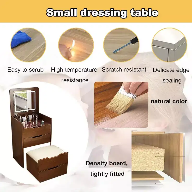 Coiffeuse avec miroir rabattable, petite coiffeuse avec plateau en verre visible, coiffeuse compacte avec 3 tiroirs Noyer