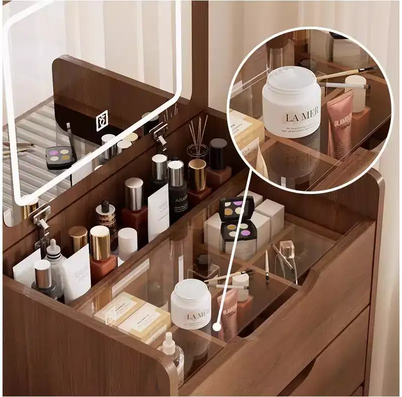 Coiffeuse avec miroir rabattable, petite coiffeuse avec plateau en verre visible, coiffeuse compacte avec 3 tiroirs Noyer