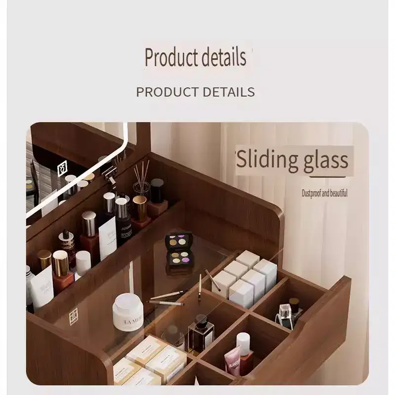 Coiffeuse avec miroir rabattable, petite coiffeuse avec plateau en verre visible, coiffeuse compacte avec 3 tiroirs Noyer