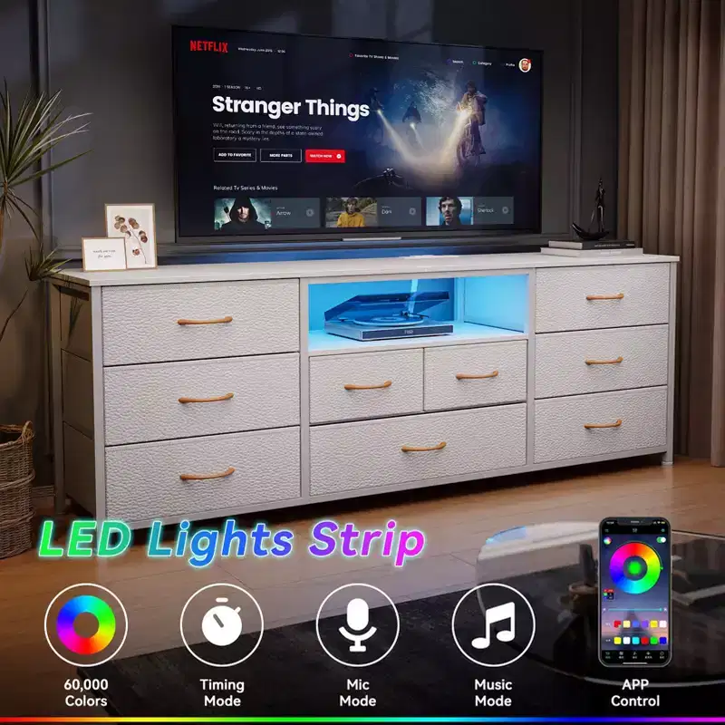 Commode Blanche à 9 Tiroirs Meuble TV pour Téléviseur de 65 Pouces avec Station de Recharge Lumières LED Console Multimédia Unité de Rangement de Chambre à Coucher de 55 Pouces de Large