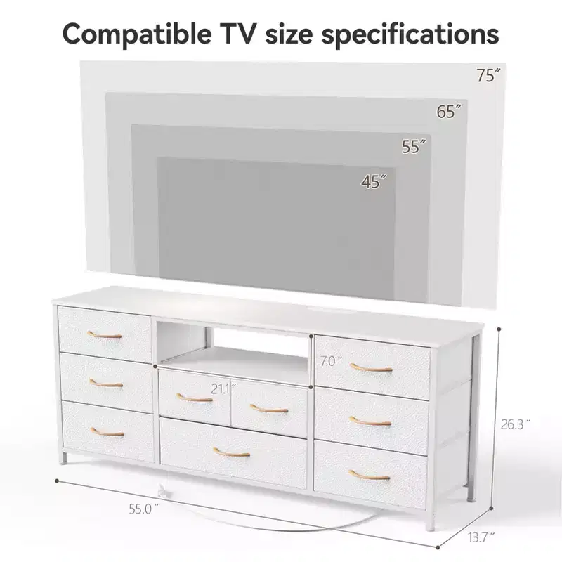 Commode Blanche à 9 Tiroirs Meuble TV pour Téléviseur de 65 Pouces avec Station de Recharge Lumières LED Console Multimédia Unité de Rangement de Chambre à Coucher de 55 Pouces de Large