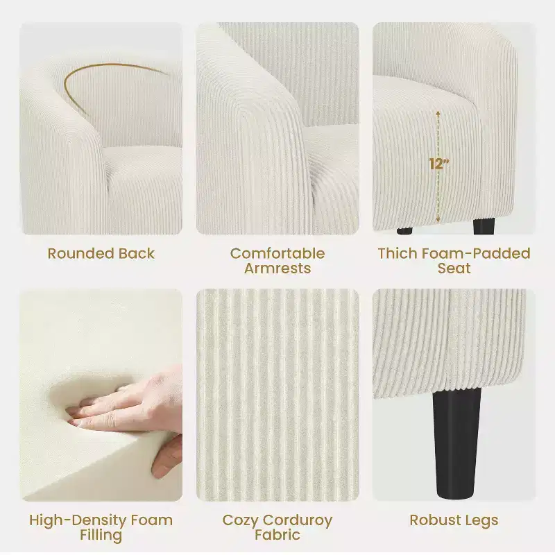 Fauteuil d'appoint rembourré en forme de tonneau pour salon