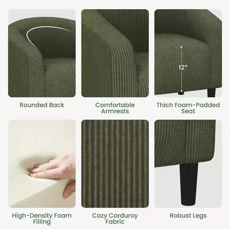 Fauteuil d'appoint rembourré en forme de tonneau pour salon