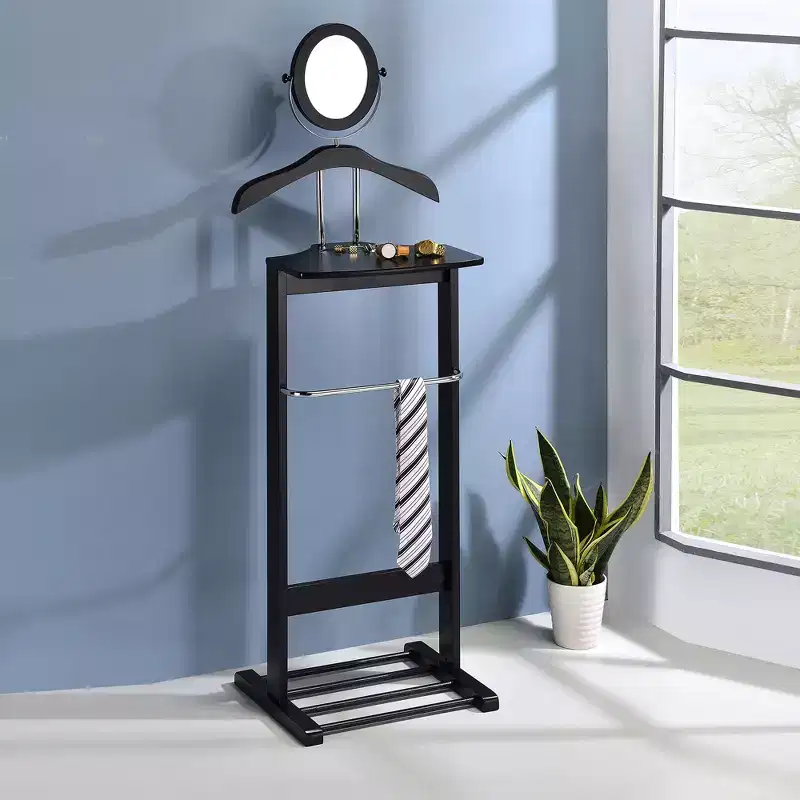 Meuble – Portant à Vêtements en Bois avec Cintre de Costume, Barre pour Pantalons, Support pour Cravates et Ceintures, Étagère à Chaussures, Noir/Chrome