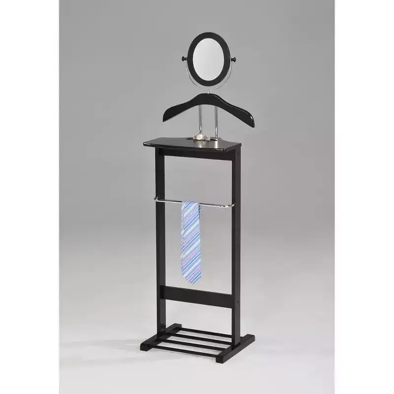 Meuble – Portant à Vêtements en Bois avec Cintre de Costume, Barre pour Pantalons, Support pour Cravates et Ceintures, Étagère à Chaussures, Noir/Chrome