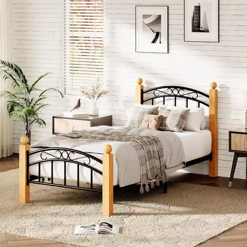 Cadre de lit Queen Size avec tête de lit, sommier plateforme avec support en lattes de bois, pas besoin de sommier tapissier, sommeil sans bruit, espace de rangement sous le lit