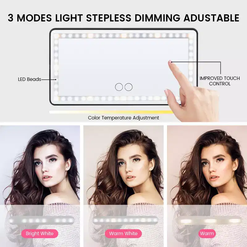 Miroir de courtoisie de voiture avec éclairage LED tactile, miroir de maquillage en aluminium noir, ajustement universel pour pare-soleil côté passager