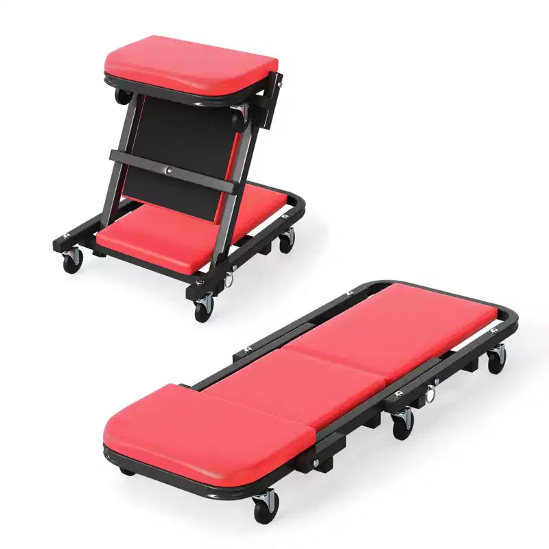Siège de mécanicien pliant en Z avec 6 roulettes pivotantes, cadre métallique robuste noir + rouge/noir