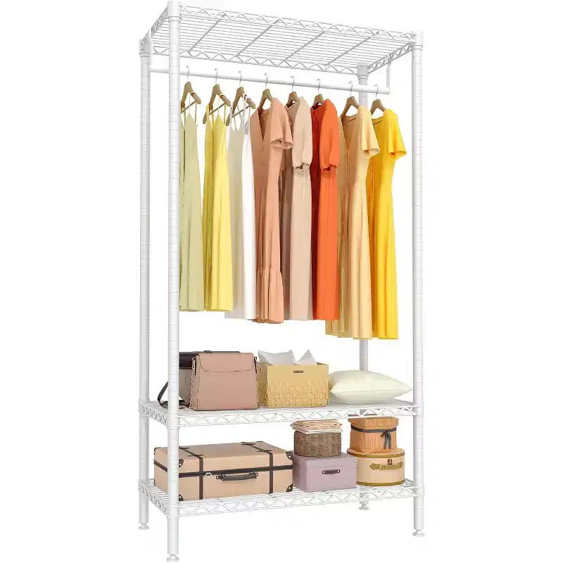 Portant à vêtements en métal robuste avec étagères, organisateur de vêtements réglable et tringle de suspension, rangement de placard autoportant pour chambre à coucher, dortoir