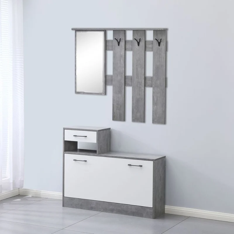 Mobile ingresso con specchio e appendiabiti colore cemento e bianco 100 cm - Rudolf XL