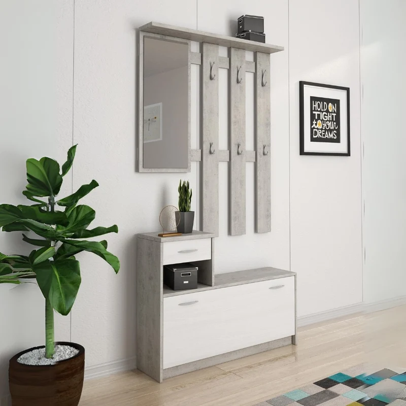 Mobile ingresso con scarpiera colore cemento e bianco - Rudolf