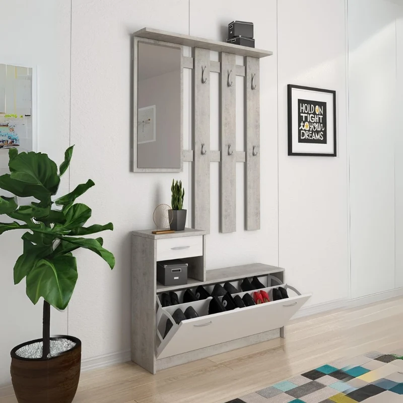 Mobile ingresso con scarpiera colore cemento e bianco - Rudolf