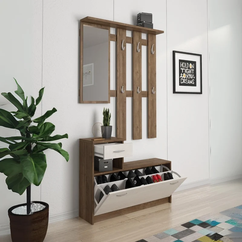 Mobile ingresso con scarpiera colore noce eastwood e spatolato 100x190H cm - Rudolf