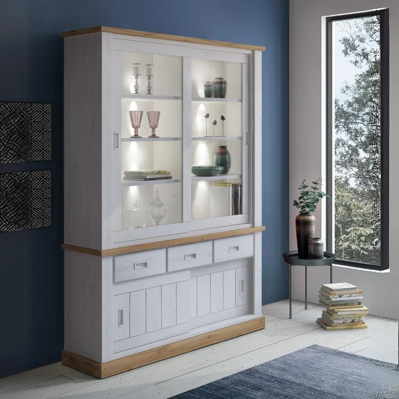 Cristalliera colore pino bianco e rovere con 3 cassetti e 4 ante scorrevoli 150x204H cm - Anthony