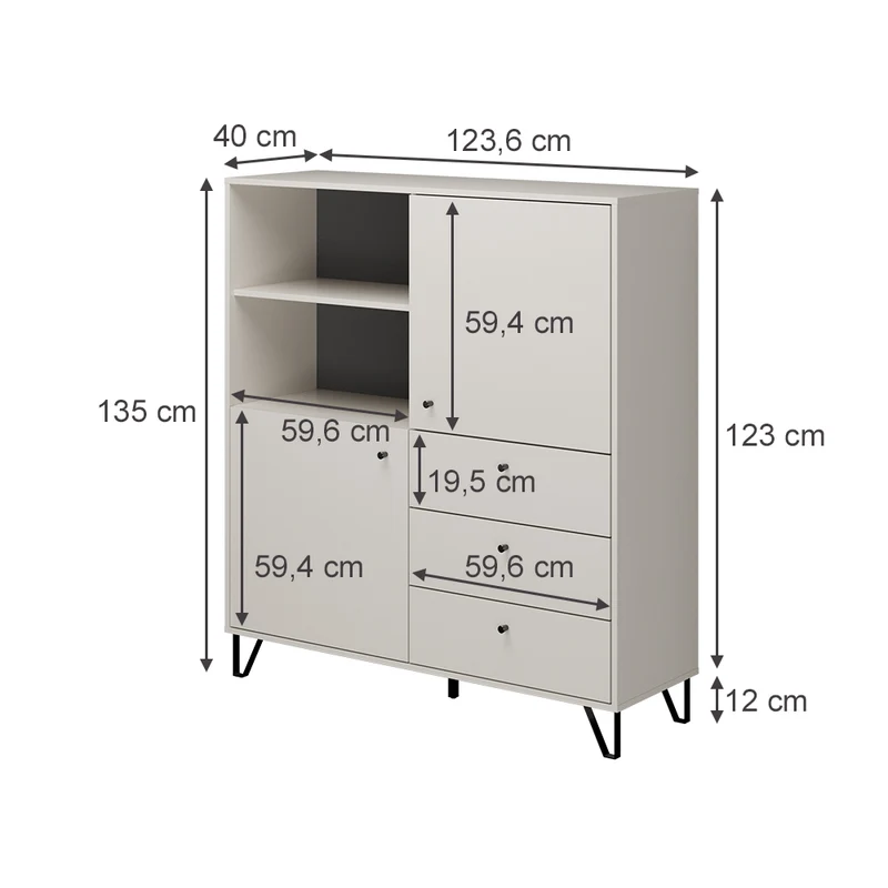 Credenza con ante cassetti e vano a giorno colore antracite 123,6x135H cm - Aldix