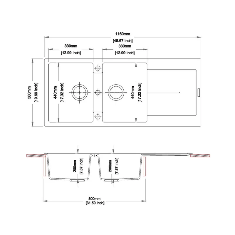 Lavello cucina con 2 vasche e gocciolatoio colore bianco 116x50 cm - Enigma