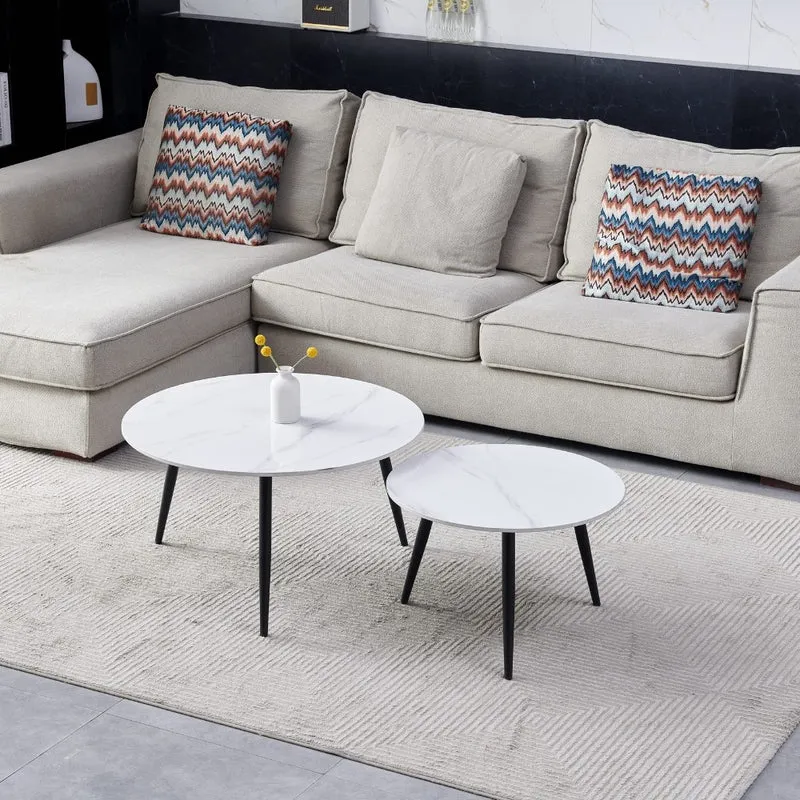 Set tavolini da salotto con piano ceramica effetto marmo bianco lucido e gambe nere - BICOLOR
