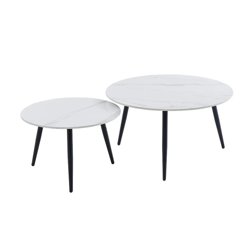 Set tavolini da salotto con piano ceramica effetto marmo bianco lucido e gambe nere - BICOLOR