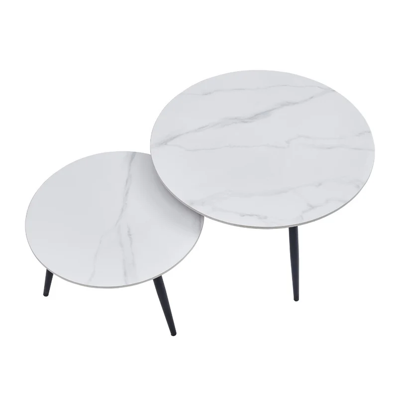 Set tavolini da salotto con piano ceramica effetto marmo bianco lucido e gambe nere - BICOLOR
