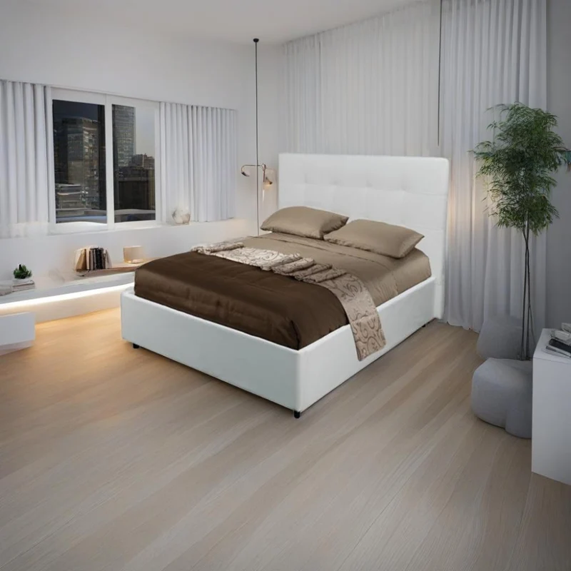 Letto una piazza e mezza con contenitore Ascoli 140x208x127H ecopelle bianco