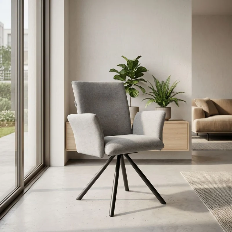 Set 2 Sedia con braccioli in tessuto grigio e gambe in metallo nero - Greta