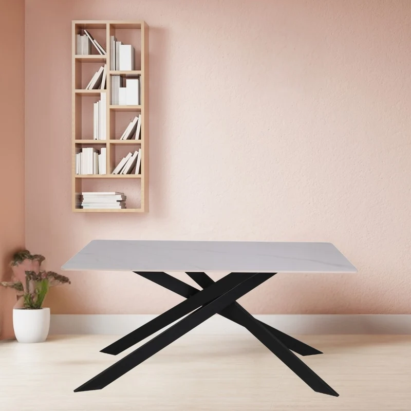 Tavolo rettangolare con piano ceramica effetto marmo bianco lucido - Star