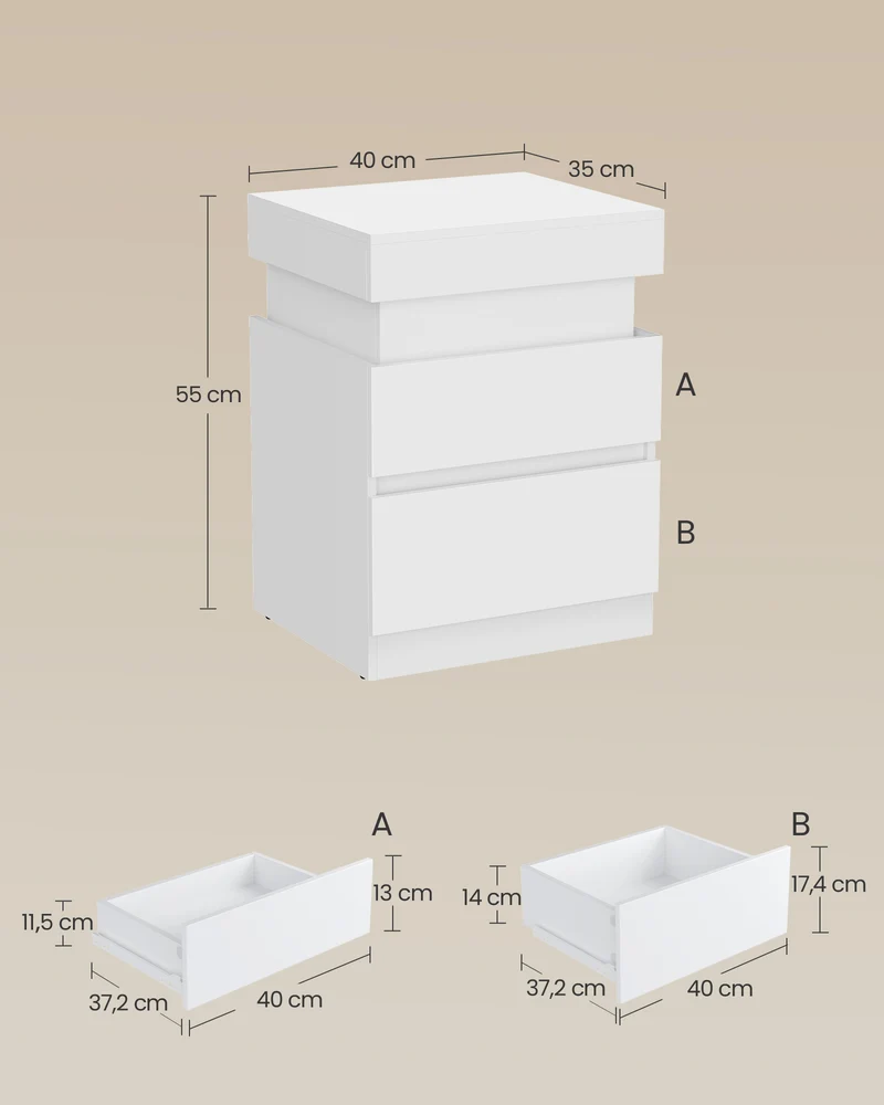 Table de chevet moderne avec 2 tiroirs et multiprise 35 x 40 x 55 cm en panneau MDF blanc neige 12_0012671
