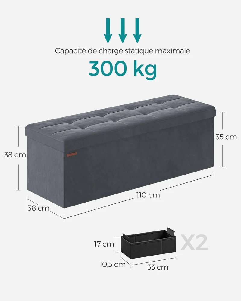 Banc de rangement pouf en velours avec séparateur amovible 38 x 110 x 38 cm capacité 300 kg design contemporain en MDF gris ardoise 12_0011130