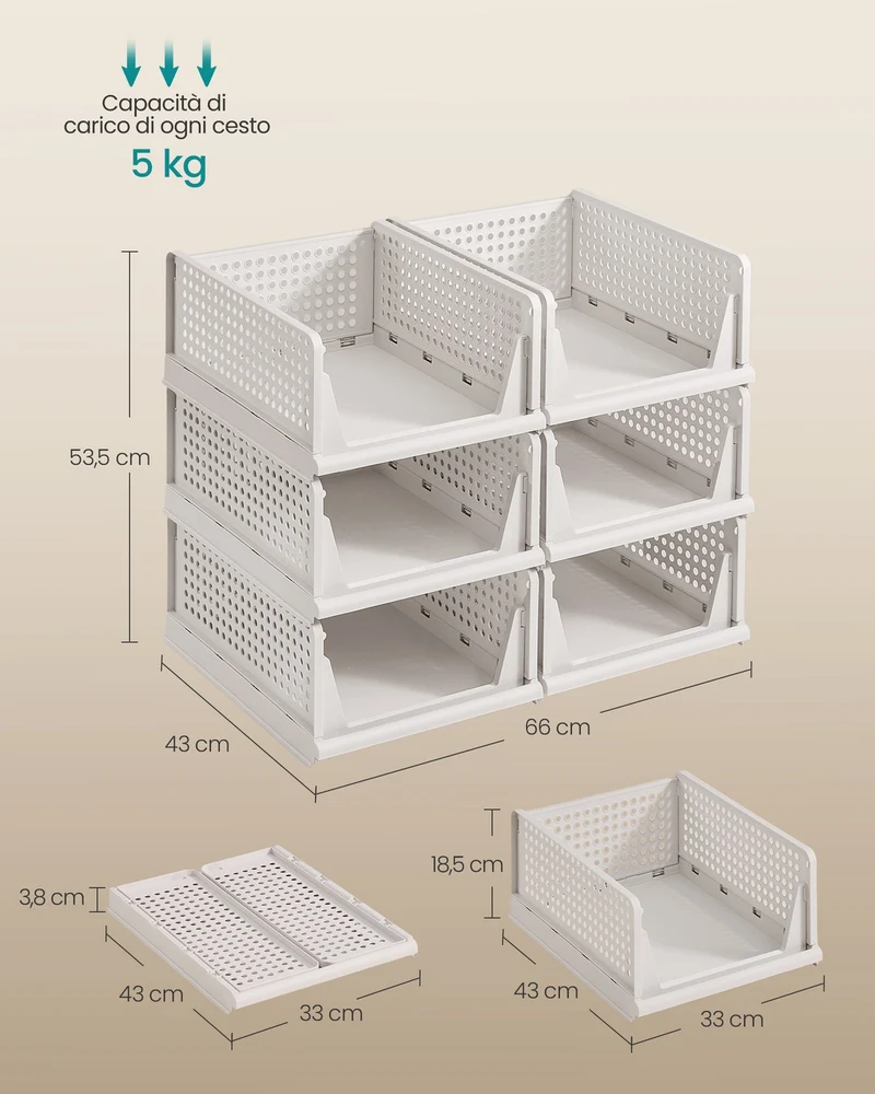 Lot de 4 organisateurs d'armoire empilables avec tiroirs coulissants 43 x 33 x 18,5 cm en plastique blanc 12_0012321