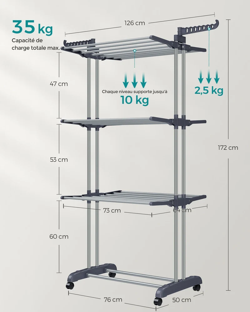 Séchoir à linge mobile pliable intérieur extérieur 64 x 126 x 172 cm grande capacité 4 niveaux en acier gris 12_0010906