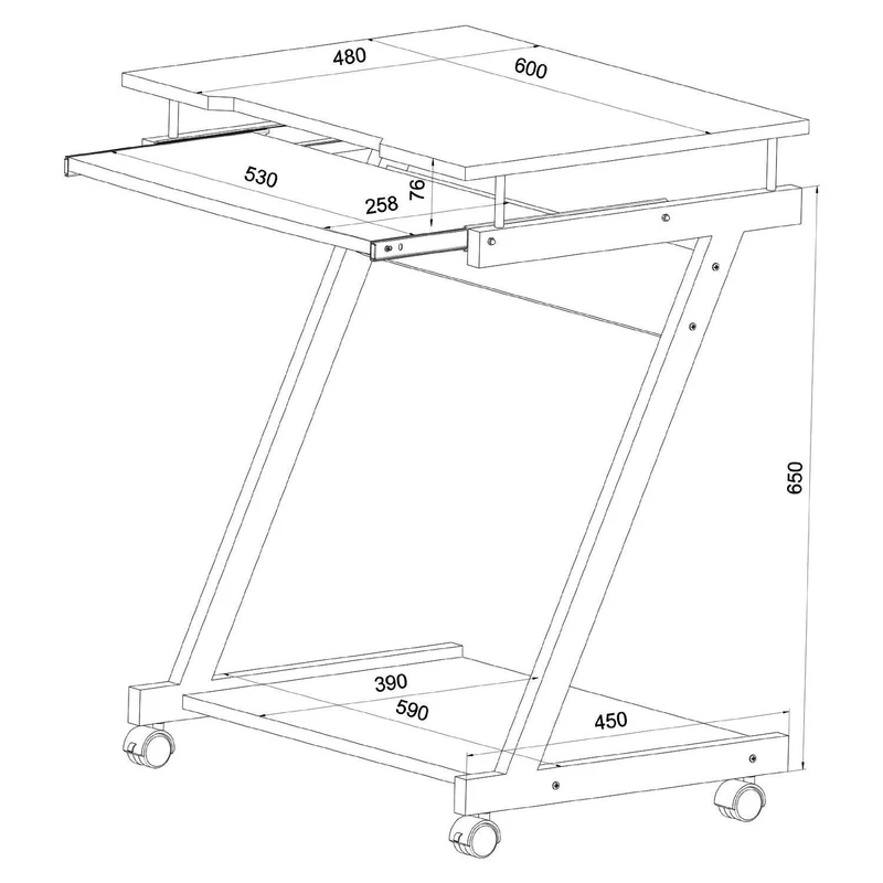 Bureau table meuble travail informatique avec tablette clavier et roulettes blanc 0512002