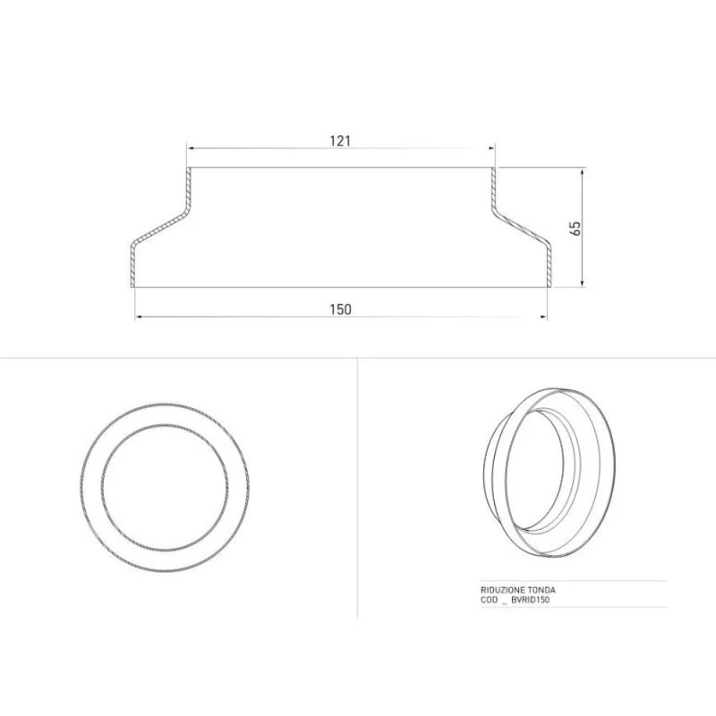Riduzione tonda per tubo aspirazione cappa da 150 mm a 125 mm - BVRID150