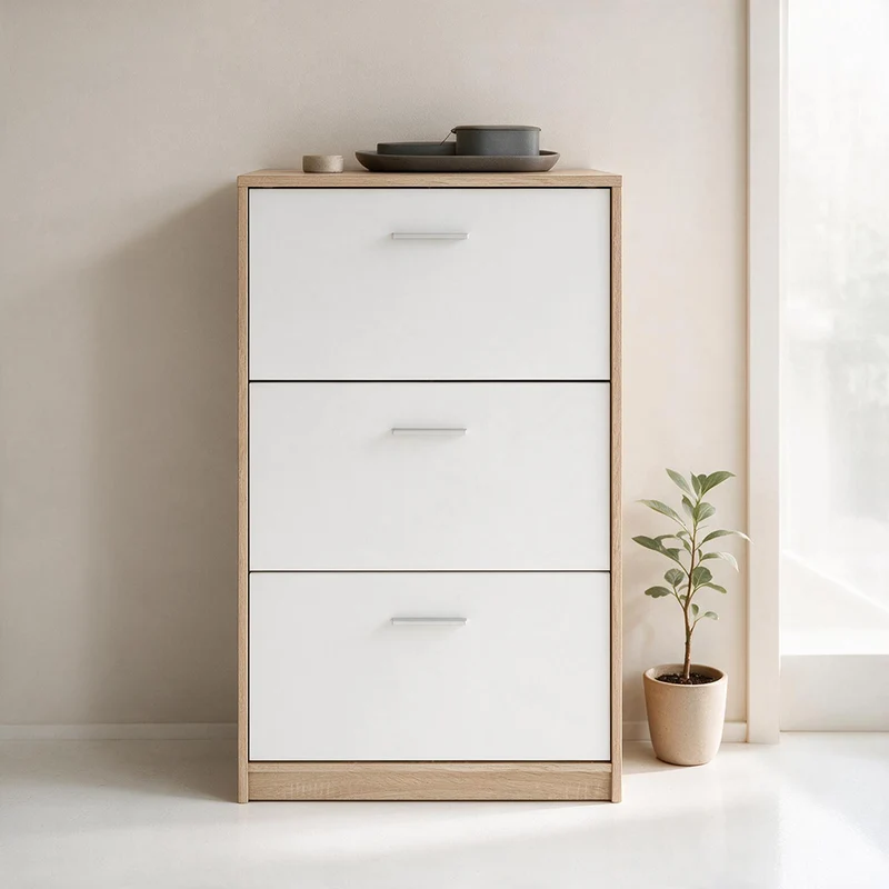 Scarpiera 3 ante a ribalta bianco e struttura colore rovere 69,5x120H cm - Nepo