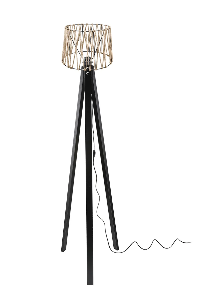 Lampada da terra treppiede nero con paralume in iuta - DECONE1188