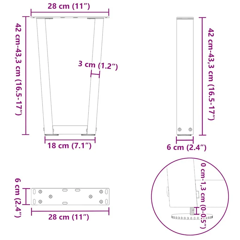 Lot de 2 pieds de table basse en forme de V réglables 28 x 43 cm en acier blanc 02_0056909