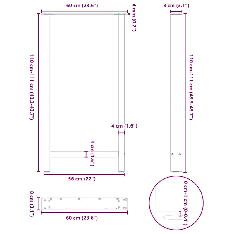 Lot de 2 pieds de table de bar en acier thermolaqué 60 x 110 cm robuste avec niveleurs réglables design moderne en acier naturel 02_0057599