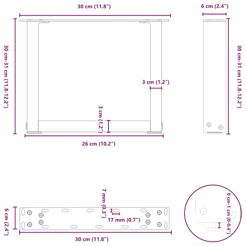 Lot de 2 pieds de table basse en U 30 x 30 cm fonctionnels modernes avec niveleurs en acier blanc 02_0057369