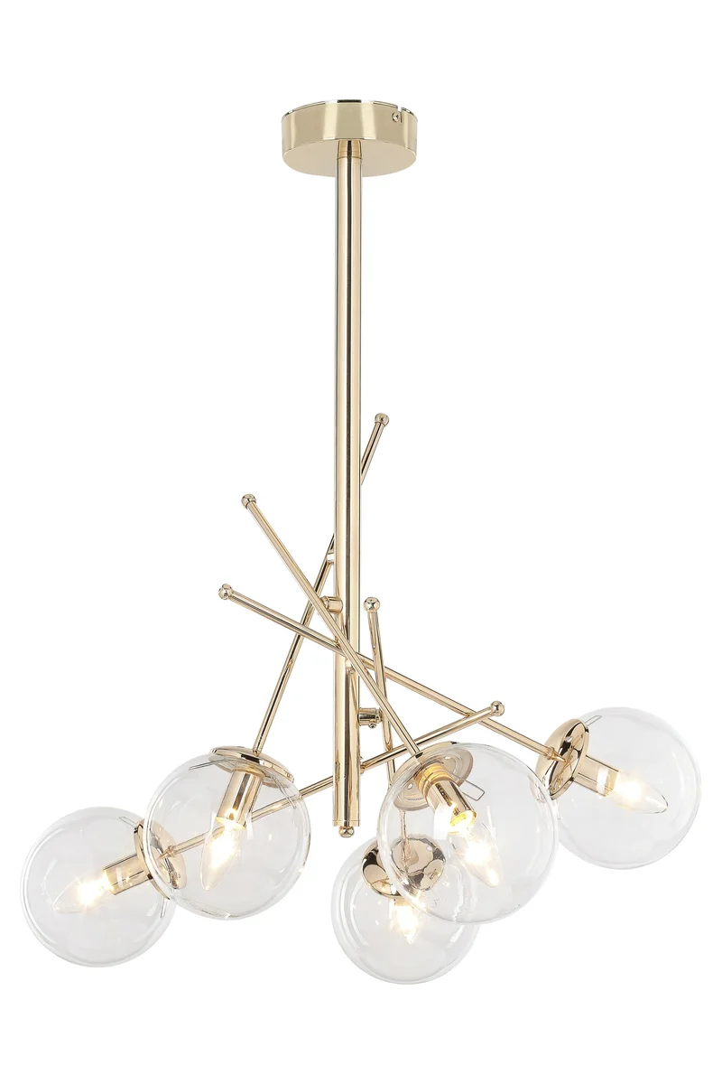 Lampada da soffitto con 5 paralumi in vetro e struttura in metallo oro - Gondia