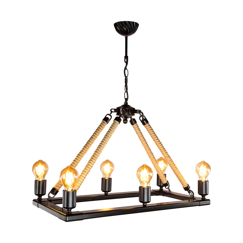 Lampada da soffitto stile retrò nera dettagli in corda 6 punti luce - Bohem ASZ0866