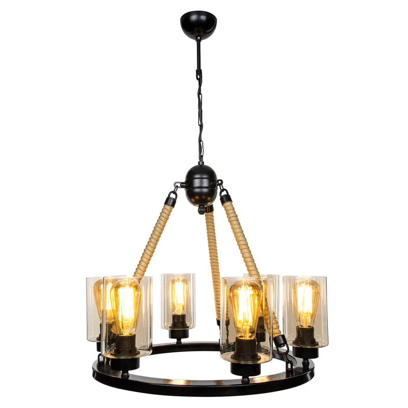 Lampada da soffitto stile retrò nera dettagli corda 6 punti luce - Lotus ASZ0686