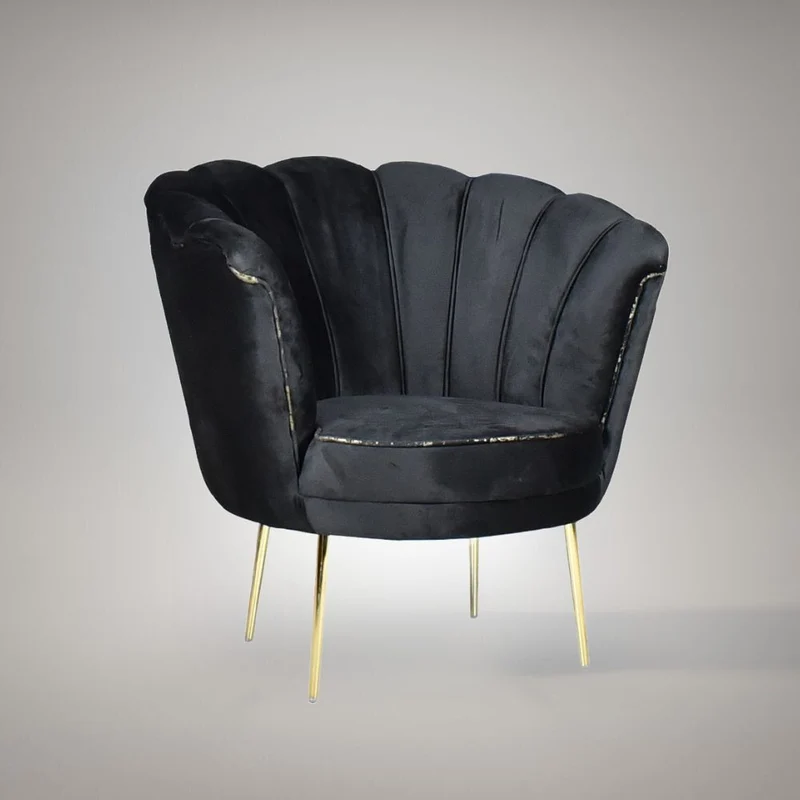 Poltrona a conchiglia rivestita in velluto nero e piedi oro - Orel