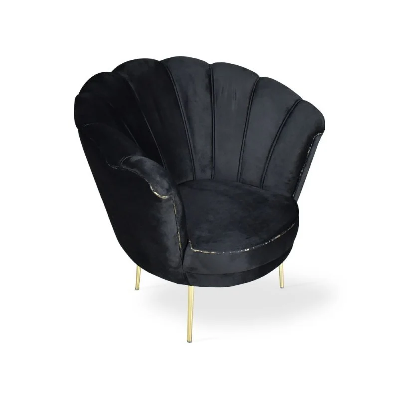 Poltrona a conchiglia rivestita in velluto nero e piedi oro - Orel