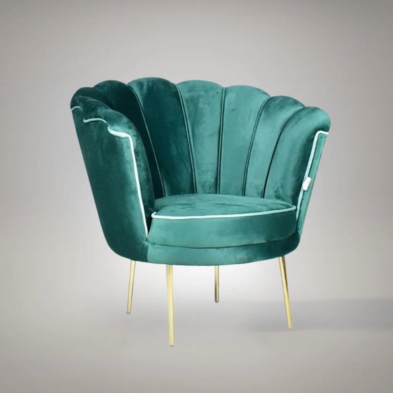Poltrona a conchiglia rivestita in velluto verde scuro e piedi oro - Orel