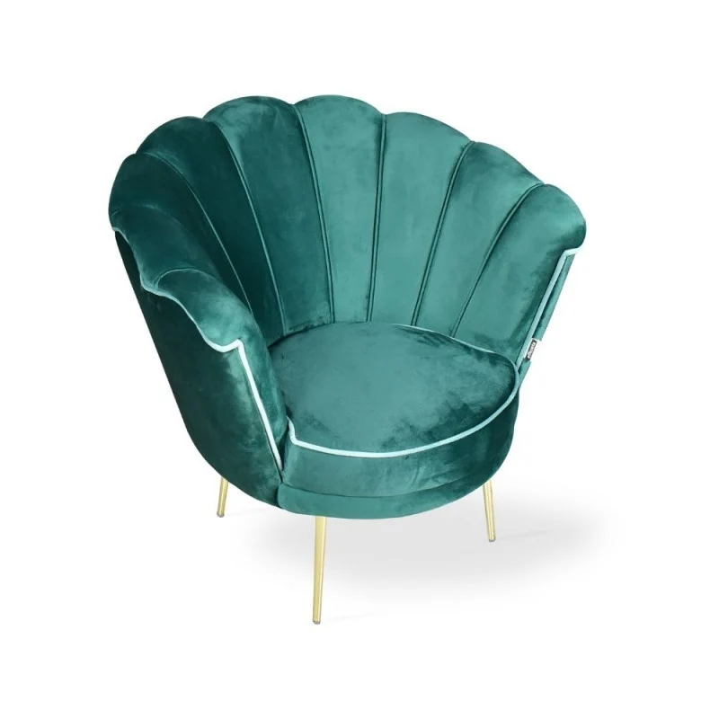 Poltrona a conchiglia rivestita in velluto verde scuro e piedi oro - Orel