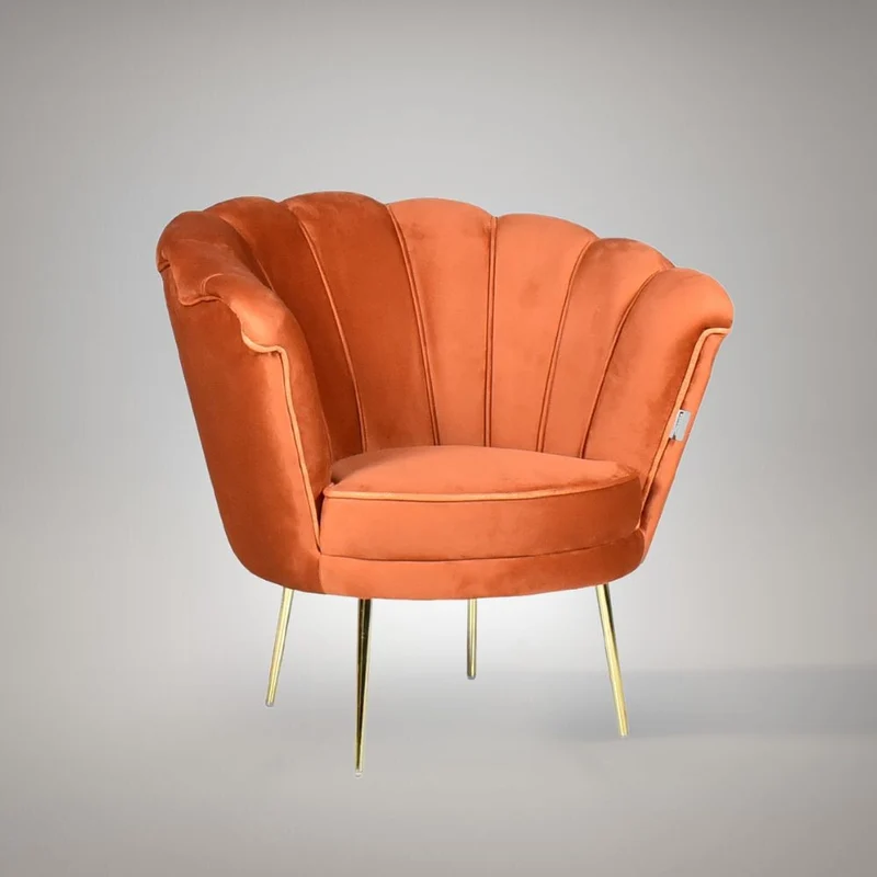 Poltrona a conchiglia rivestita in velluto color ruggine e piedi oro - Orel
