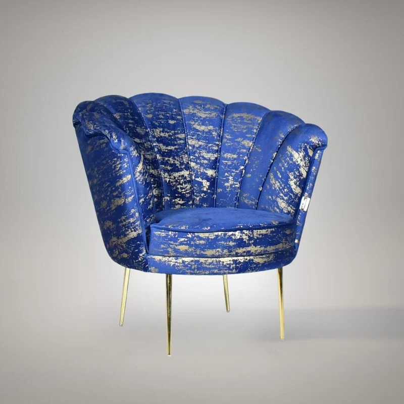 Poltrona a conchiglia rivestita in velluto blu e fantasia oro - Orel