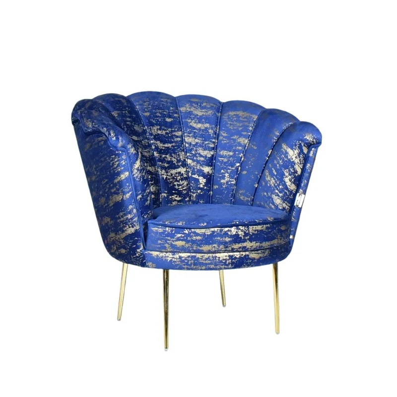 Poltrona a conchiglia rivestita in velluto blu e fantasia oro - Orel