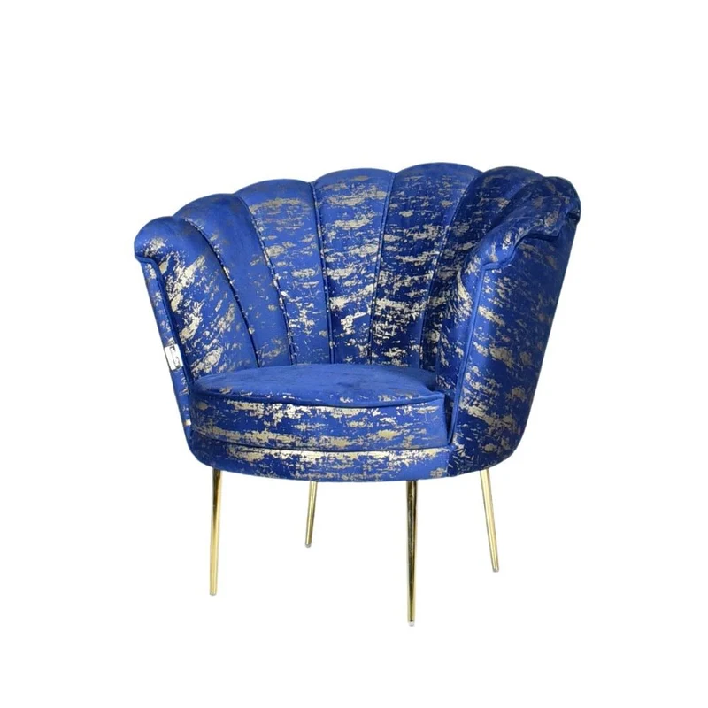 Poltrona a conchiglia rivestita in velluto blu e fantasia oro - Orel